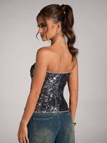 SHEIN BAE 女士闪亮灰蓝色纯色亮片抹胸，适合音乐节、派对、约会之夜、主题派对、夜间郊游、新年派对、圣诞服装、闪亮上衣、圣诞女装上衣、感恩节女装、俱乐部女装、衣服 - 淺灰紫 - 查看 2