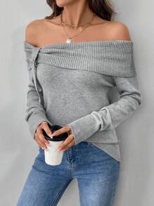 SHEIN Unity Women Casual Solid Color Off-Shoulder Sweater, Autumn, Knit Pullover Fall Winter - Grey - View 5