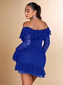 SHEIN BAE Plus Size Women's Romantic Sweet Sexy Ruffle Ruffle Hem Bodycon Mini Ruched Dress, Ideal For Dates And Parties - Royal Blue - View 2