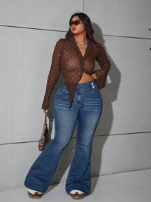 SHEIN ICON ICON 大码蓝色牛仔喇叭裤，性感紧身弹力裤，女式紧身牛仔裤，复古喇叭裤 - 中等水洗藍 - 查看 4