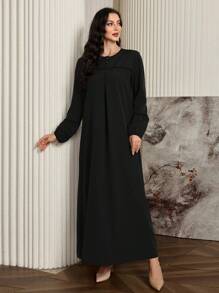 Al Najma Women Solid Color Button Decorated Half-Placket Lantern Sleeve Elegant Arabian Dress, Casual Modest Long Sleeve Tunic Maxi Arabian Dresses, For Casual Daily/Homewear