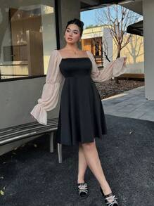 Flirla Vestido de manga larga de malla de lujo ligero con contraste para mujer de talla grande, vestido negro elegante de estilo francés de primavera y otoño con cintura ceñida para fiesta de noche