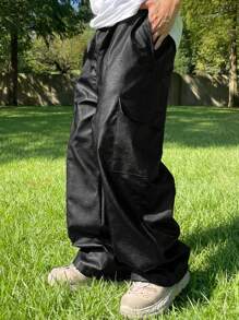 DAZY Black PU Leather Cargo Pants, Loose Fit For Men, Autumn - Black - View 1