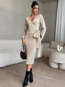 SHEIN Privé Vestido largo con mangas largas y nudo de cruce en color albaricoque para mujer