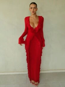 SHEIN BAE 1 chiếc váy dài tay màu trơn cổ chữ V xẻ sâu viền bèo nhún thanh lịch dành cho nữ, gợi cảm và đơn giản, thích hợp cho tiệc cocktail, hẹn hò, áo lót/váy thu/đông, váy phù dâu dự tiệc/đám cưới, váy dạ hội, Halloween, Giáng sinh - Đỏ - Xem 1