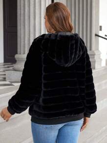 EMERY ROSE Plus Size Simple Plain Zip-Up Front Pocket Casual Faux Rabbit Fur Jacket, For Winter