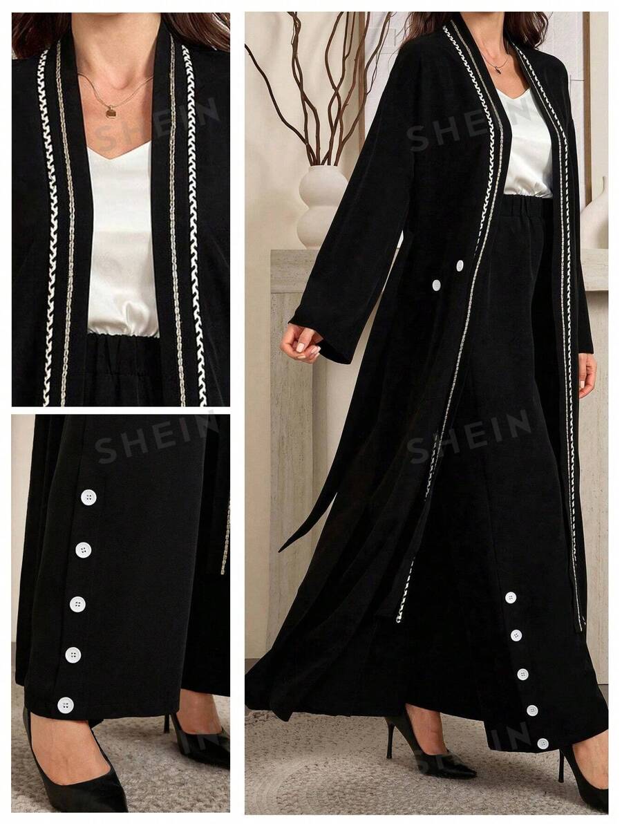 Al Najma Set de 2 piezas de chaqueta y pantalones holgados elegantes con detalle de cinta en manga larga para mujer, para primavera y otoño