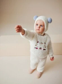 SHEIN 2 cái/bộ trẻ sơ sinh bé gái dễ thương, họa tiết mèo bông, mặc hàng ngày - trắng - Xem 5