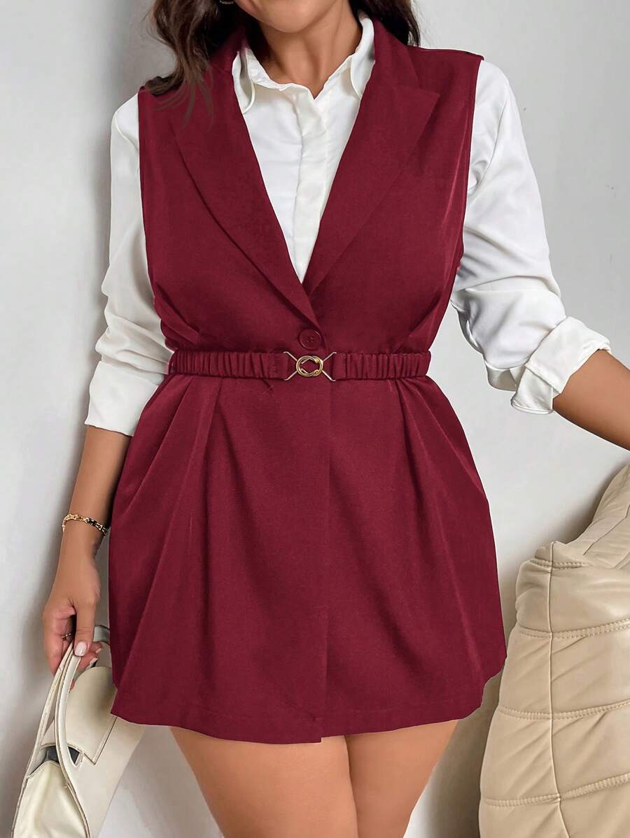 SHEIN Privé Plus Size Women Fall Black Formal Vest, Waist Cinched Red Color Sleeveless Vest With Blazer Lapel - Red - View 1