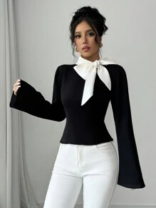 Elenzga 1pc Women's Black Bowknot Bell Sleeve Blouse Women Shirt