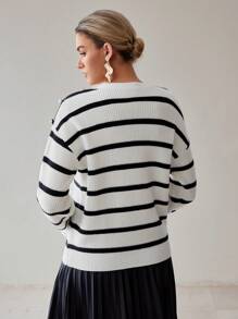 MOTF STRIPED PATTERN DROP SHOULDER OVERSIZE BUTTON DETAIL SWEATER WITHOUT BELT