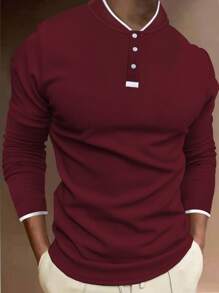 Manfinity Homme Men's Solid Color Patchwork Button Up Long Sleeve Casual Shirt - Burgundy - View 1