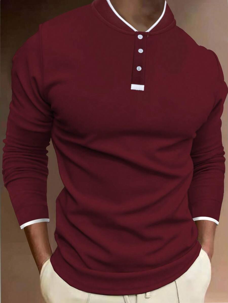 Manfinity Homme Men's Solid Color Patchwork Button Up Long Sleeve Casual Shirt - Burgundy - View 1