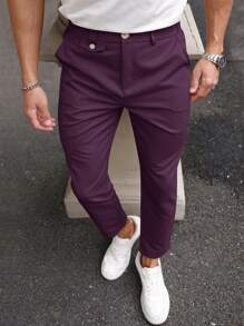 Manfinity Bizformal Men's Plain Pocket Weave Regular Fit Straight Trousers - Purple - View 7