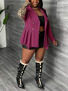 Slaydiva Plus Size Women's Elegant & Casual & Party Wear Coat With Asymmetrical Hem, Solid Color And Leopard Print Patchwork Design, With Belt, Autumn/Winter - Hot Pink - View 6