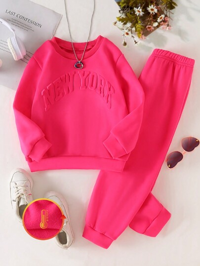 SHEIN 2pcs Young Girl Casual Minimalist Sports Outfits - Round Neck Loose Flocked Letter Long Sleeve Sweatshirt And Elastic Waist Solid Color Thermal Lined Sports Pants, Autumn/Winter