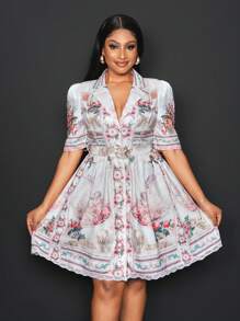 Slaydiva 全新优雅华丽翻领泡泡袖七分袖腰带装饰下摆巴洛克印花女式短裙-L