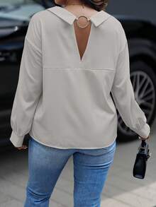 Calvaya 大码纯色镂空长袖前扣简约衬衫，休闲日常穿着 - 灰色 - 查看 3