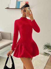 SHEIN EZwear Đầm dài tay ôm vừa vặn cổ tròn họa tiết hoa cho nữ - Đỏ - Xem 1