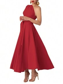 Women's Summer Elegant Solid Color Asymmetric Collar Split Long Dress - Red - View 5