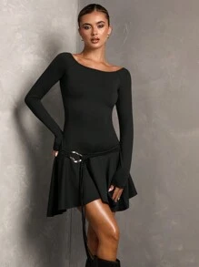 SHEIN BAE Women's Fall/Winter Brown Metal Decoration Round Neck Long Sleeve Casual Dress With Waist Ring & Ruffle Hem,Maroon Dress,Fall Women Dresses