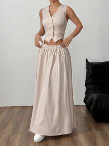 Flirla Women's Simple Solid Color Front Button Waistcoat And Skirt Suit Set, Casual For Summer - Apricot - View 6