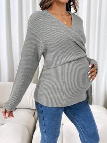 SHEIN Maternity Casual Solid Color Tie-Front Nursing Long Sleeve Sweater, Nursing Sweater, Autumn/Winter