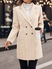 SHEIN Clasi Áo khoác len ngắn xương cá thời trang công sở trưởng thành có nút ve áo dài tay dành cho nữ có túi - Màu be - Xem 5