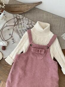 SHEIN LMoss Kids LMoss 女婴可爱粉色灯芯绒连身裙，适合秋冬季 - 粉色 - 查看 4