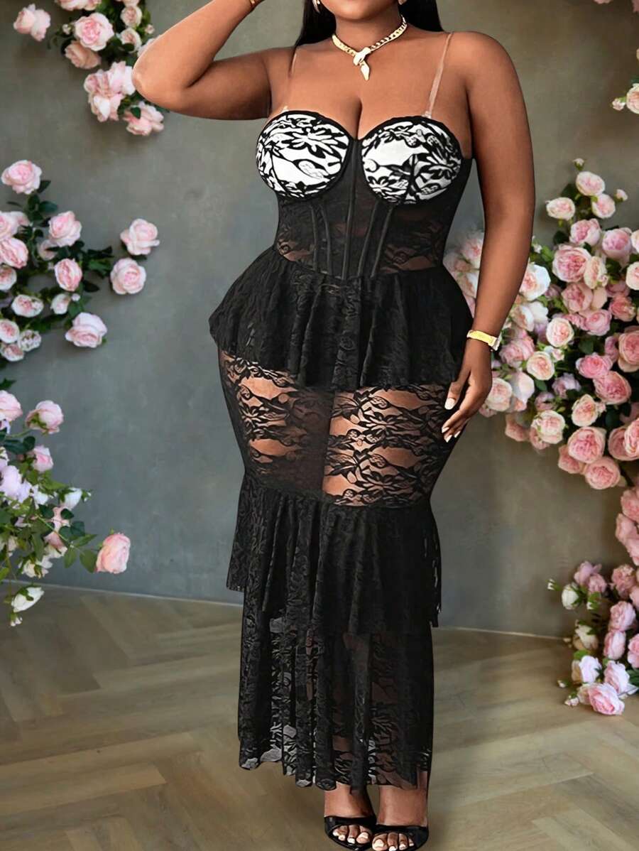 Slaydiva Vestido elegante, de fiesta, de evento, de noche y de cita, ajustado y sólido negro, sin tirantes, con cintura cincelada, con remiendos de volantes y encaje transparente para mujeres de talla grande, primavera-verano