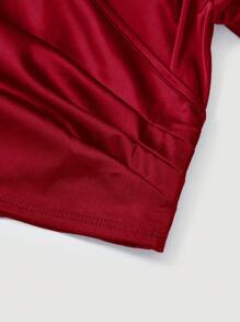 SHEIN MOD 大码女式灯笼袖裹身式衬衫，采用提花面料制成 - 紅色 - 查看 4