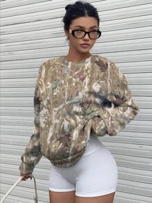 SHEIN EZwear Casual Forest Leaf Pattern Round Neck Loose Fit Long Sleeve Sweatshirt For Women, Autumn/Winter