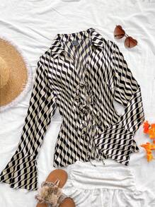 Soleia Apricot Base Black Wavy Romantic Casual Holiday Waisted Flare Sleeve Blouse For Women - Multicolor - View 4