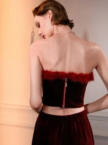 The Great Gatsby x MOTF 天鹅绒蓬松边饰水钻细节抹胸（无袖） - 酒紅色 - 查看 6