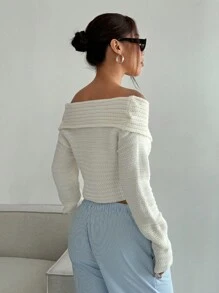 SHEIN Unity 女士休闲纯色性感前开露肩开衫，秋季 - 白色 - 查看 2