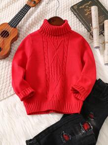 SHEIN Young Boy Long Sleeve Turtleneck Cute Sweater - Red - View 4
