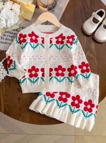 2pcs Baby Girls Autumn/Winter Vintage Floral Round Neck Long Sleeve Sweater And Ruffle Hem Mini Skirt Set, Stylish & Comfy Casual Outfit