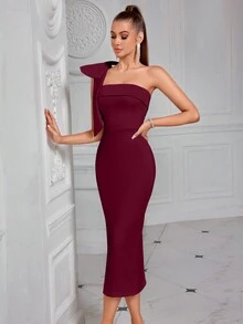 Elisanya Asymmetrical Neck Solid Color Bowknot Decor Slit Backless Midi Cocktail Party Prom Dress, Elegant Semi Formal Dress - Burgundy - View 7