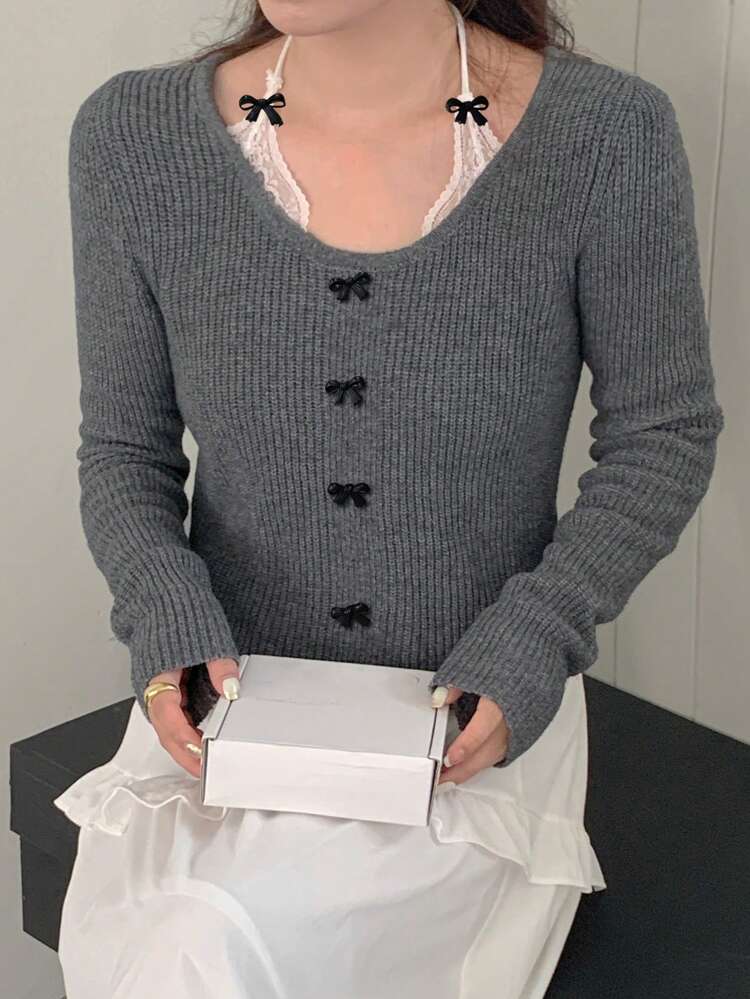 Color Block Bow Tie Detail Long Sleeve Fitted Women Sweater,Fall Women Clothes