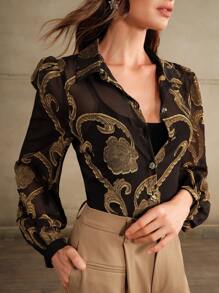 Anewsta Sexy Daily Sheer Gold-Black Floral Print Chiffon Blouse For Women Women Shirt - Black - View 6