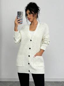 Chiquease Bộ 2 áo len cardigan hai túi đơn giản mùa thu cho nữ và áo len không tay - Màu be - Xem 5