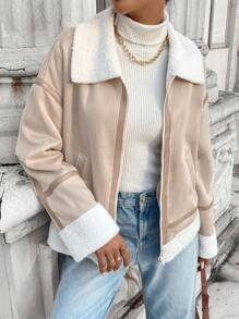 SHEIN LUNE Women Casual Basic Faux Shearling Lined Pockets Jacket Coat, Autumn/Winter - Apricot - View 1