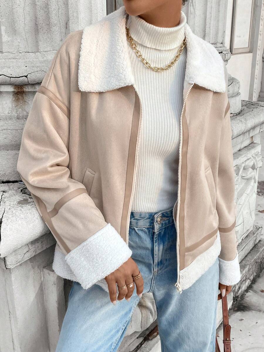 SHEIN LUNE Women Casual Basic Faux Shearling Lined Pockets Jacket Coat, Autumn/Winter - Apricot - View 1
