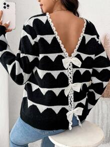 SHEIN Frenchy Suéter informal con lazo decorativo y detalles gráficos, diseño sencillo - Talla grande - Blanco y Negro - Ver 1