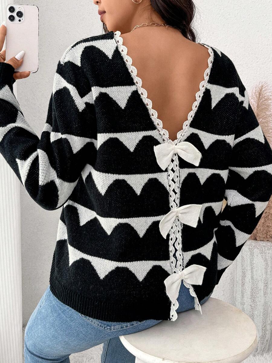 SHEIN Frenchy 大码蝴蝶结装饰休闲套头衫，图案细节，设计简约 - 黑與白 - 查看 1