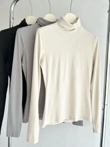 SHEIN BASICS 3pcs Solid Color Knit Turtleneck Raglan Long Sleeve Fitted Women's Base Layer T-Shirt - Multicolor - View 3