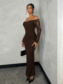 SHEIN BAE 1 件女士纯黑色蕾丝露肩修身鱼尾连衣裙，适合约会和派对