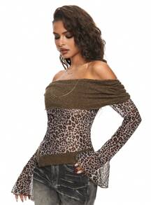 ROMWE Grunge Punk 女式复古豹纹拼布不对称下摆长袖网眼露肩褶皱衬衫 - 摩卡棕 - 查看 1