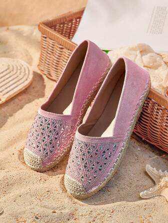 Styleloop Solid Color Patchwork Striped Straw Woven Flat Shoes, Daily Casual