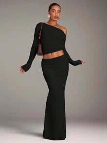 SHEIN BAE Conjunto de dos piezas de ropa de mujer para invierno y otoño, con parte superior hombros descubiertos y falda, conjunto de ropa para concierto de mujeres